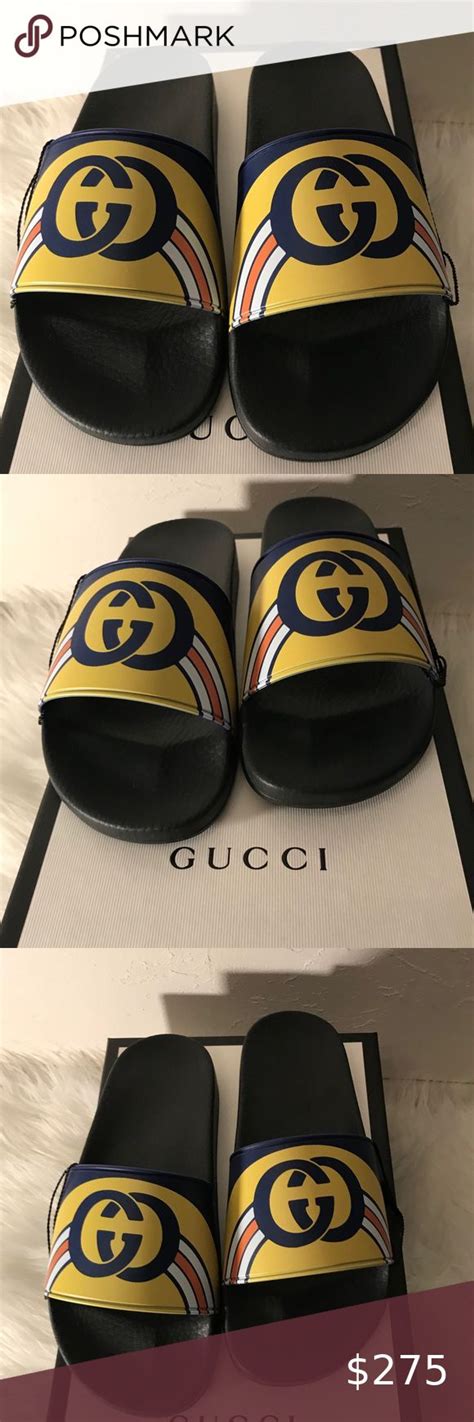 navy blue and black gucci pursuit logo slides|Gucci Persuit Slides Navy Black Men's .